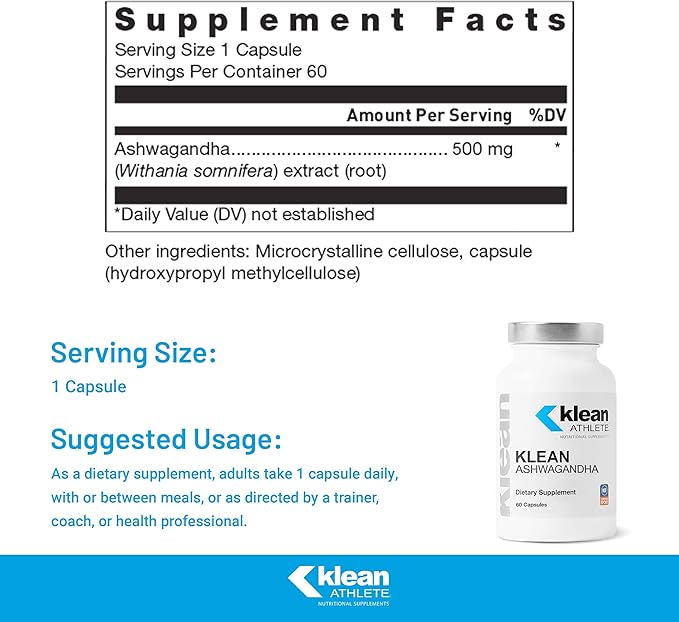Klean Athlete Klean Ashwagandha - for Occasional Stress - Supports Adaptations to Training* - Adaptogen Blend - Vegan & Non GMO - 60 Capsules