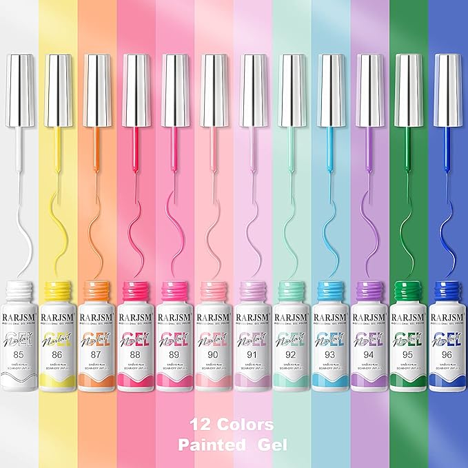 RARJSM Gel Liner Nail Art Polish Set,12 Colors Candy Pastel Painting Spring Summer Line Art Gel Built in Thin Skinny Nail Art Brush Soak Off Curing Needed 5ml for Home Salon Nail Design