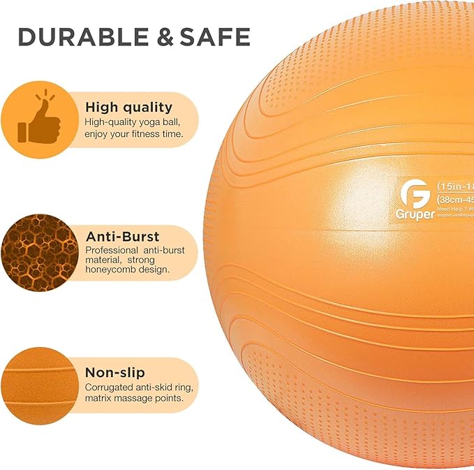 Gruper Yoga Ball, 18-30 Inch Extra Thick Exercise Ball for Workout Fitness Balance, Anti Burst Chair for Home and Office Desk, Includes Hand Pump & Workout Guide Access