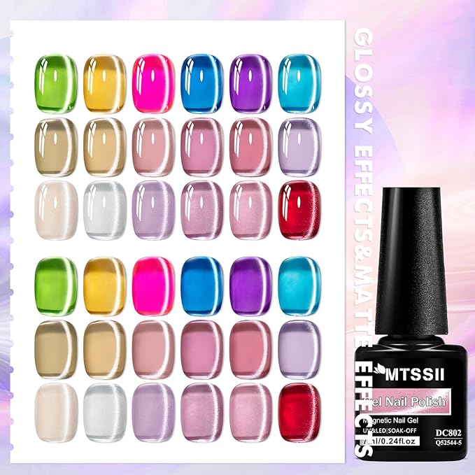 MTSSII Jelly Cat Eye Gel Nail Polish Set 18PCS, Neon Moonlight Glass Crystal Magnetic Gel Polish Pink Purple Red Blue Yellow Colors Nail Polish with Magnet Soak Off UV Art Gift for Women Girls