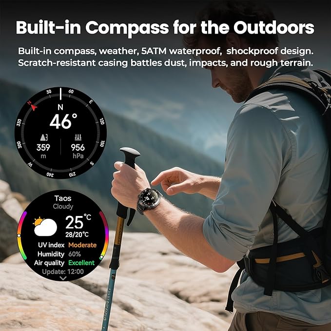 WalkerFit Smart Watch for Men, 1.43" Round AMOLED, 5ATM Waterproof for Swim,Heart Rate & Sleep Monitor,Long Battery,Outdoor Activity Tracker,Voice Control&Bluetooth Call,Android Compatible with iPhone
