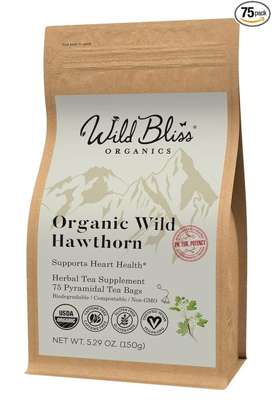 Organic Wild Hawthorn Leaf and Flower Herbal Tea - Caffeine Free - Pharmacopoeia Potency - 75 Plant Based Tea Bags