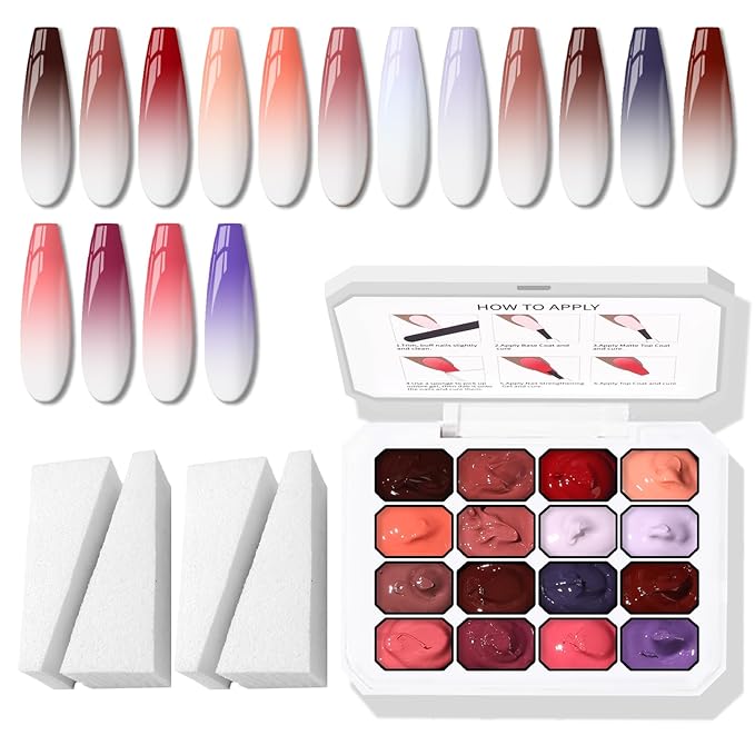 Sponge Pat Gel Nail Polish Palette, 16 Colors Blending Ombre Gel Polish Patting Gradient Painting Nails Art, No Wipe, UV/LED Cured (16 Colors F)