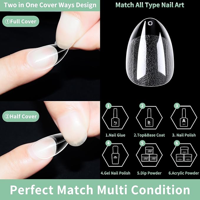 Short Round Oval Nail Tips, 216pcs Acrylic Soft Fake Nails Gel Nail Tips, Full Cover Pre-Shaped Matte Clear Press on Nails for Extension, Diy at Home Manicure 12 Sizes