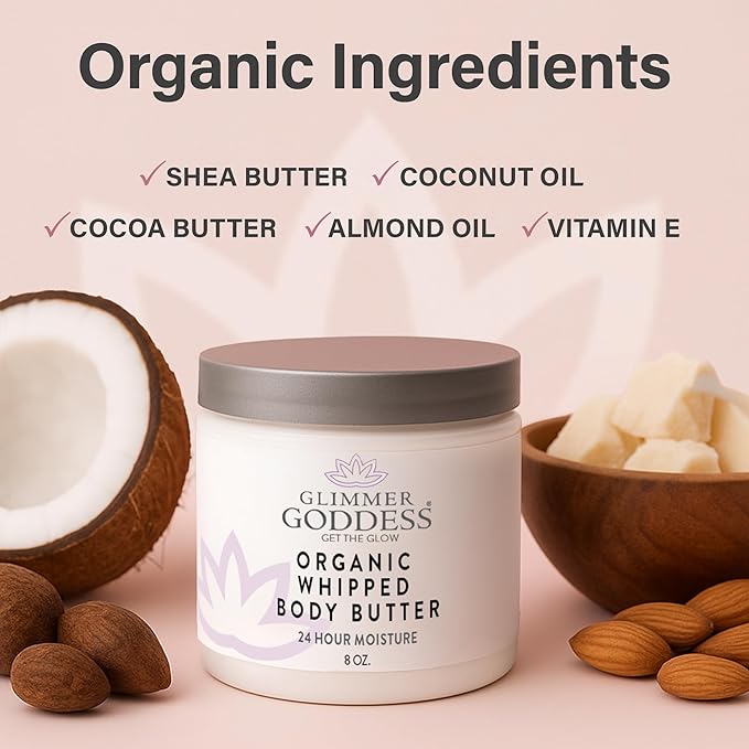 Glimmer Goddess Organic Whipped Body Butter for Women - Moisturizer Cream with Shea & Cocoa Butter, Almonds & Coconut Oil - Honeysuckle, 8oz