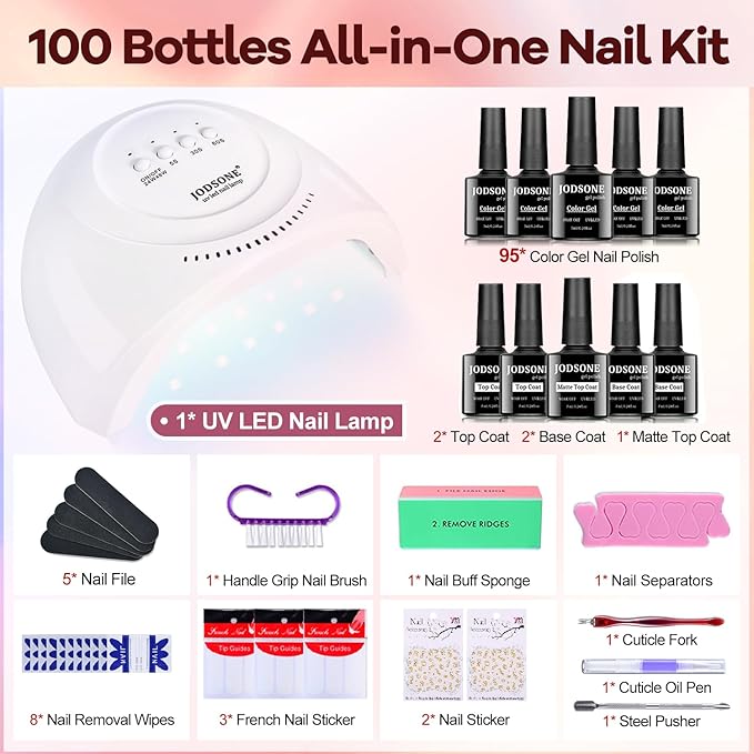 JODSONE 100 Bottles of Gel Nail Polish Kit with U V Led Light 95 Multiple Glossy Glitter Colors Mint Green Light Pink Nail Gel Base Coat Glossy and Matte Top Coat Gel Polish Kit