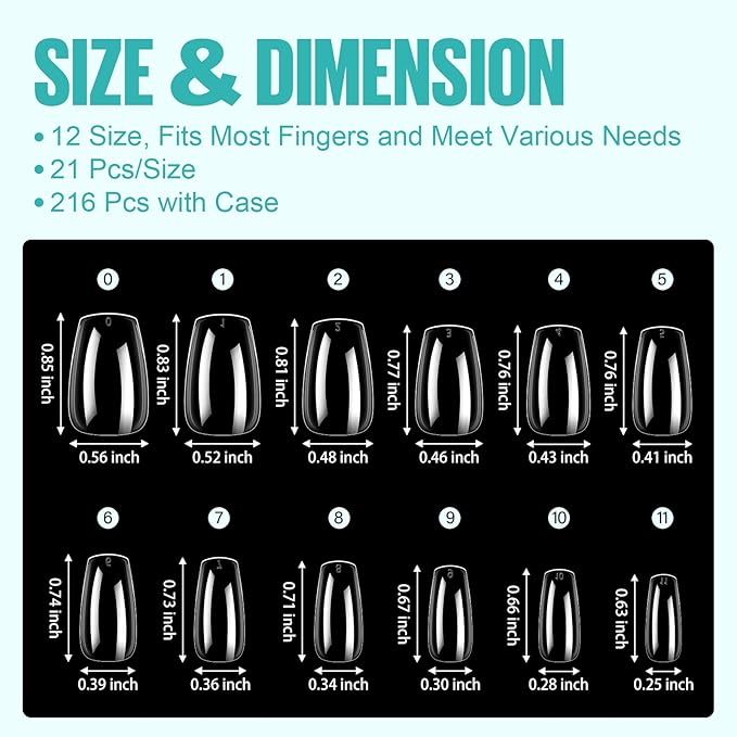 TOMICCA Coffin Acrylic Nails - Clear Short Coffin Nails, 216Pcs Fake False Nails for Nail Extension, Gel Press on Nails for Beginners and Professional