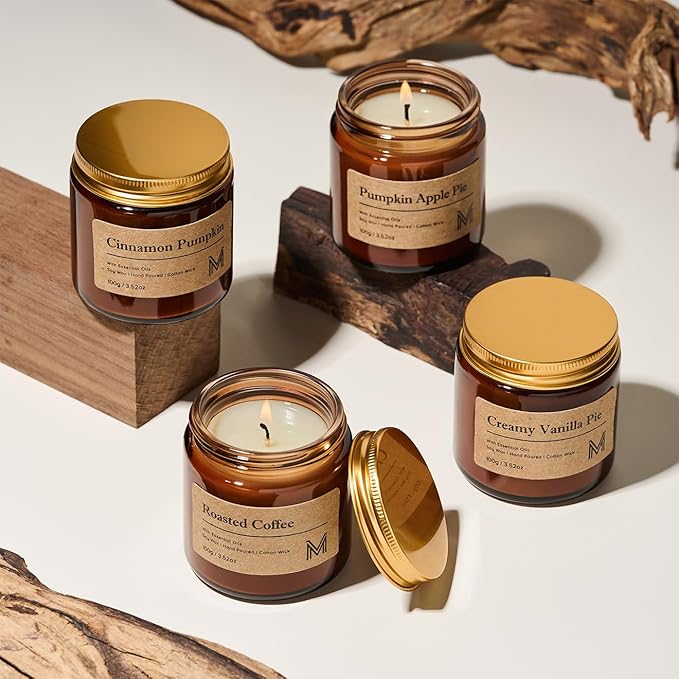 M&SENSE 4 Pack Candles for Home Scented Fall Candle Gift Set for Women Soy Wax Long Lasting Amber Jar Candles Gift for Halloween Thanksgiving Day
