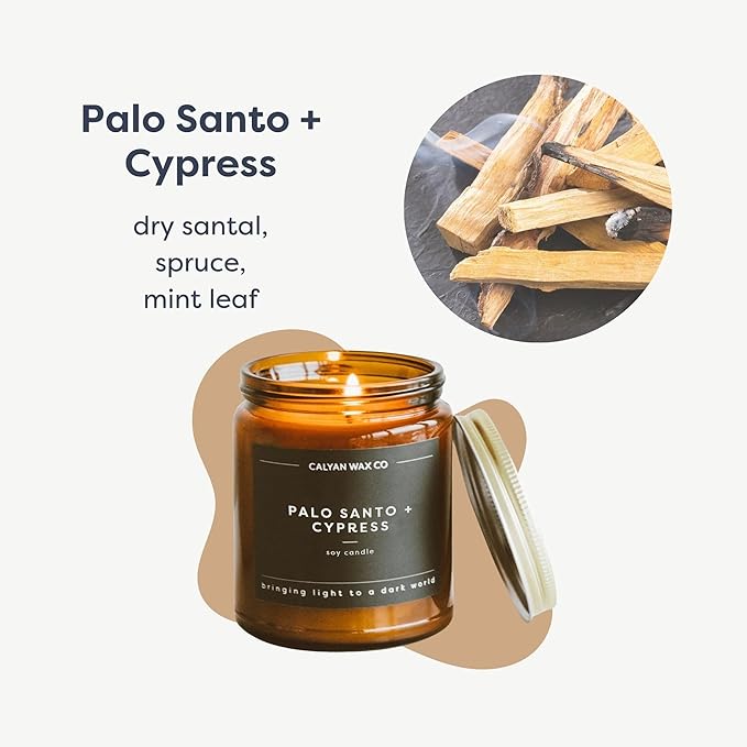 Calyan Wax Co. Palo Santo & Cypress Scented Candle - 57 Hour Burn - Luxury Non Toxic Soy Wax Candles - Long Lasting Amber Glass Jar Candle for Home - 7.2oz