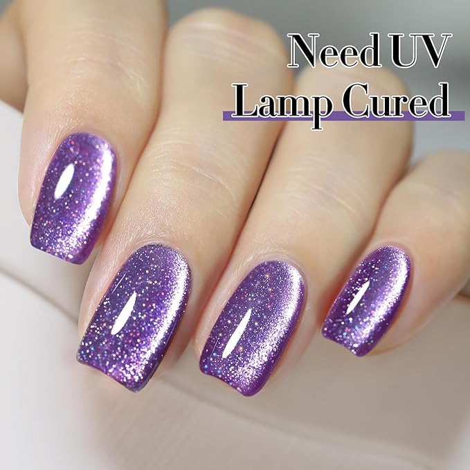 Double Rhythm Cat Eye Gel Polish with Magnet 15ML Jelly Glass Holographic Glitter Shimmer Translucent Sheer Color Magnetic Gel Polish Salon DIY at Home (Dark Purple-MC1066)