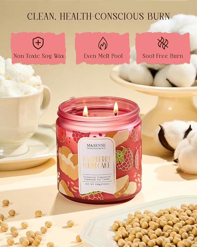 M&SENSE Raspberry Pound Cake Scented Candle 11.6oz, Natural Soy Wax Double Wick, 70H Burn Time for Bedroom Relaxing, Holiday Home Decor, Gift-Ready for Women