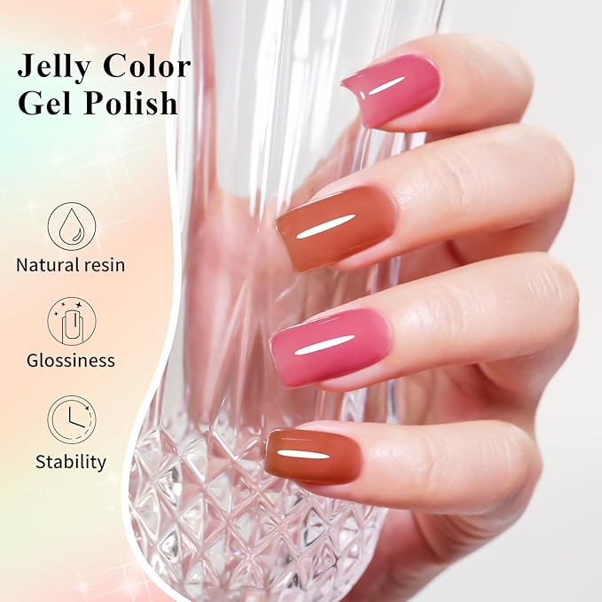10ml Hema Free Gel Nail Polish Set, 6 Colors Transparent Jelly Gel Polish Kit Rose Garden Sheer Nude Red Pink Brown Gift for Women