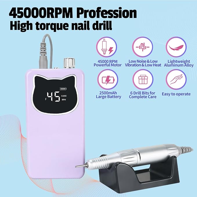 Professional Nail Drill File 45000RPM Electric Portable Nails Drills Kit with Rechargeable 7 uñas Bits Cordless Efile for Poly Gel Acrylic Nails Remover Home Salon Pedicure Manicure Tool (Purple)