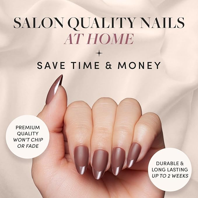 Glamnetic Press On Nails - Terra | Short Almond Dark Brown Nails with Glossy French Tips in a Matte Finish | 15 Sizes - 30 Nail Kit with Glue