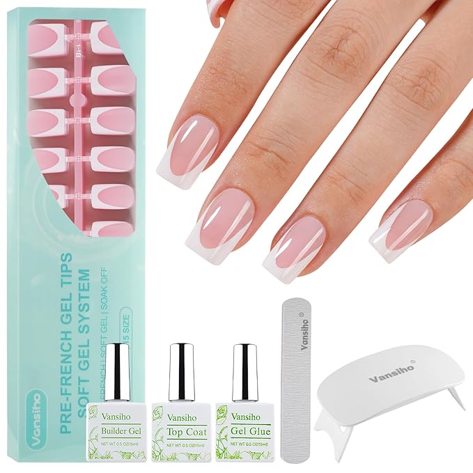 Vansiho Pink Deep French Gel Nails Kit - Short Square French Tip Press on Nails Kit, Nail Gel and Nail Lamp for Gift and Nail Art DIY