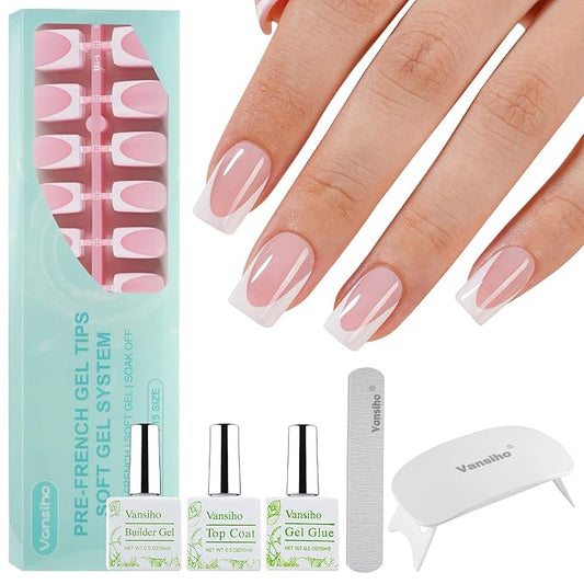 Vansiho Pink Deep French Gel Nails Kit - Short Square French Tip Press on Nails Kit, Nail Gel and Nail Lamp for Gift and Nail Art DIY