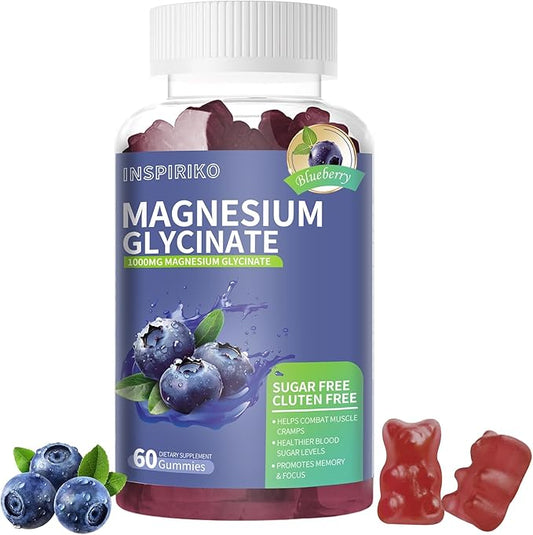 Magnesium Glycinate Gummies 1000mg - Sugar-Free Magnesium Potassium Supplement with Vitamin D, B6, CoQ10 for Adults & Kids,High Absorption for Calm Mood & Sleep Support - 60 Blueberry Gummies