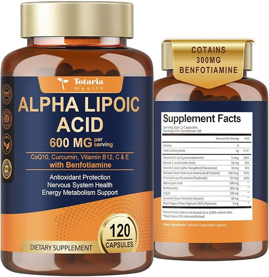Alpha Lipoic Acid 600mg with Benfotiamine 300mg - ALA Supplement for Neuropathy Support Nerve Health & Antioxidant, Cell Energy, Metabolism and Anti-Aging, Non-GMO, Gluten Free, Vegan 120 Counts
