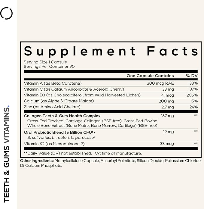 Codeage Teeth & Gums Vitamins + Oral Probiotics Supplement for Mouth - Whole Food Calcium, Collagen, Potassium, Vitamin C, D3, K2, Zinc – Oral Care & Dental Multivitamin Supplements - 90 Capsules