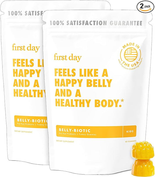 FIRST DAY Kids Probiotic Gummies - 3 in 1 Probiotics for Kids + Prebiotic & Postbiotic - Prebiotics & Probiotics for Digestive Health & Immune Support – Vegan, Gluten Free, 60-Day Supply