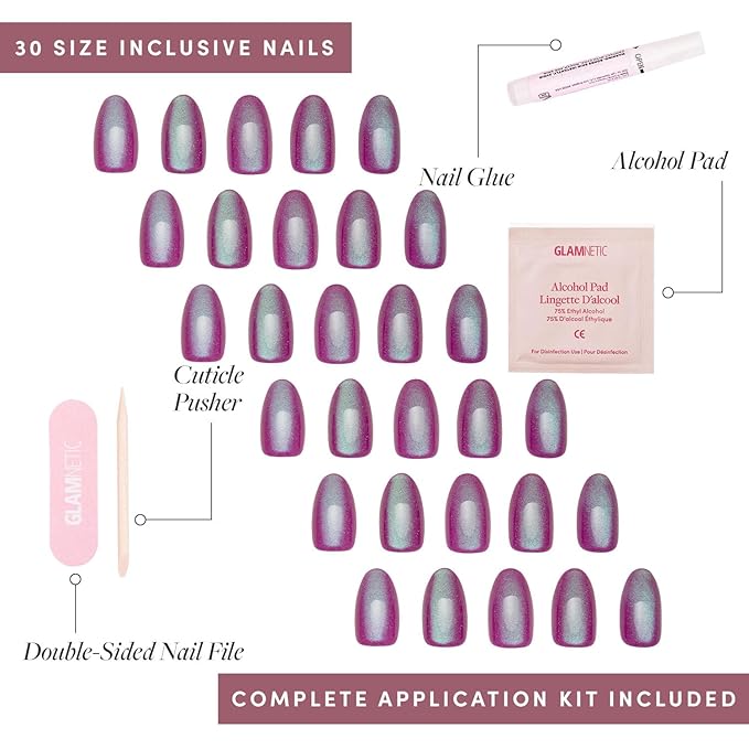 Glamnetic Press On Nails - Berry Fizz | Short Oval, Magenta Nails with a Mesmerizing Metallic Finish | 15 Sizes - 30 Nail Kit with Glue