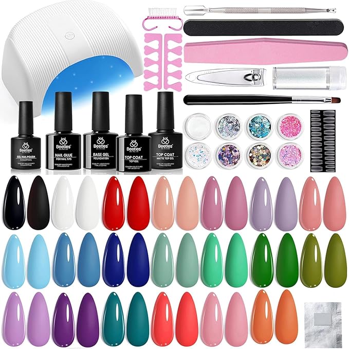Beetles Gel Nail Polish Kit with U V Light - 34pcs Gel Polish Set 20 Colors Colorful Dreamscape Pro with Nail Tips & Base Matte Top Medium Coffin Press on Nails Accessories DIY Salon Gifts for Women