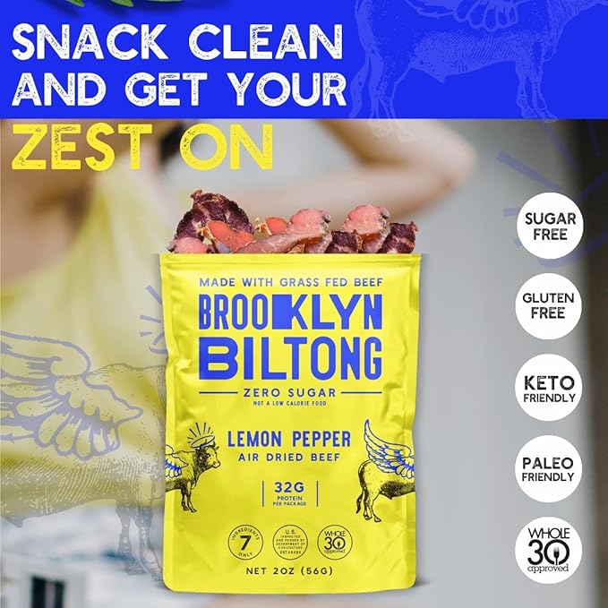 Brooklyn Biltong - Air Dried Grass Fed Beef Snack, South African Beef Jerky - Whole30 Approved, Paleo, Keto, Gluten Free, Sugar Free, Made in USA - 8 oz. Bag (Lemon Pepper)