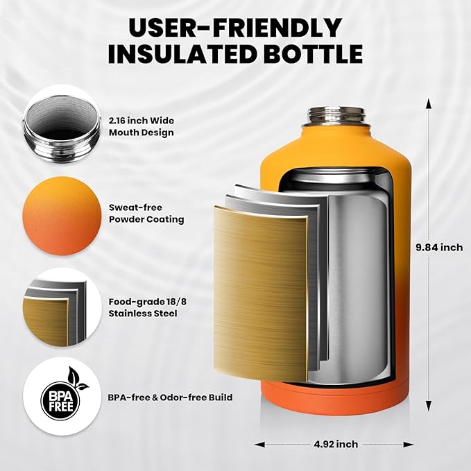 Insulated Water Bottle 64 oz, Triple Wall Vacuum Stainless Steel (Cold for 48 Hrs), Leak Proof & Non-BPA, Half Gallon Water Flask Jug with Paracord Handle & Straw Spout Lids, Ombre Orange
