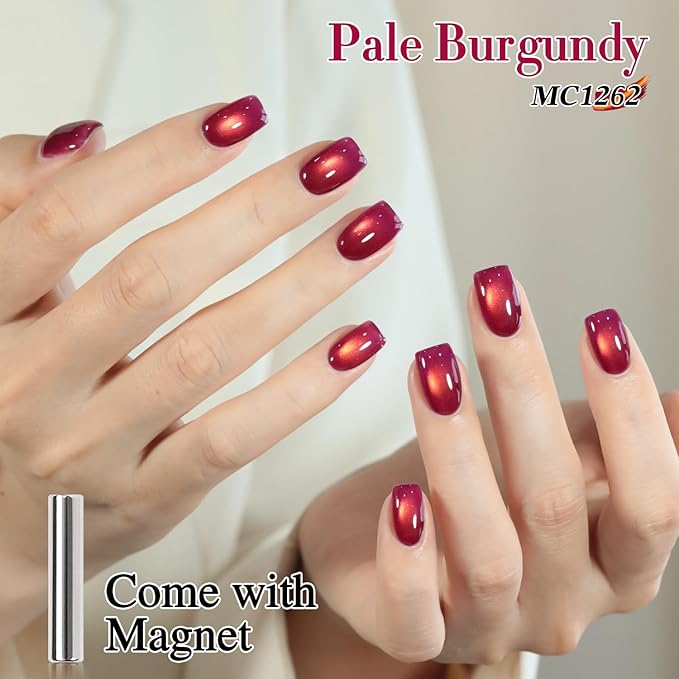 Double Rhythm 0.5 OZ Cat Eye Gel Polish with Magnet 15ML Holographic Glitter Shimmer Translucent Jelly Color Magnetic Nail Polish Salon DIY at Home (Burgundy Golden-MC1262)