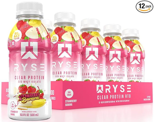 RYSE Clear Protein Shake - Strawberry Banana - 100 Calories, 22g Whey Isolate Protein, Sugar-Free, 0g Fat & Lactose-Free - Refreshing Ready-to-Drink Beverage - 16.9 fl oz Bottles (12-Pack)