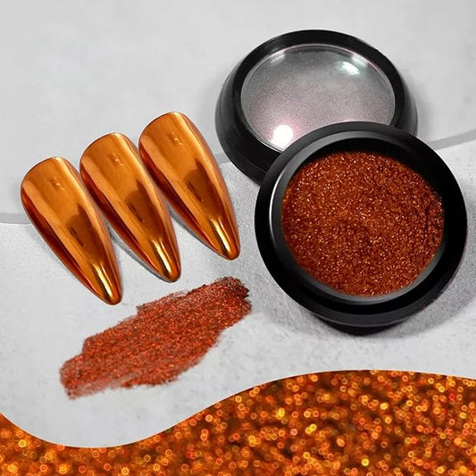Holographic Mirror Nail Powders Chrome Gold Effect Pure Metallic Dust Sequins UV Gel Copper Nail Chrome Powder for Nails Art Decoration, Copper Chrome Nail Powder