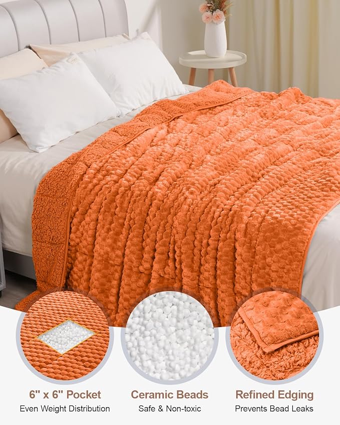 Super Fuzzy Soft Luxury Fleece Sherpa Weighted Blanket 15 lbs for Adults, Turtle Shell Cozy Queen Size Weighted Throw, Ceramic Beads Washable Heavy Blankets for Couch Bed, Orange, 60" x 80"