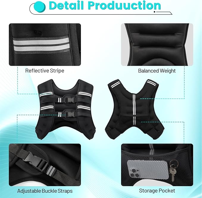 Weighted Vest, 6lb/8lb/12lb/16lb/20lb/30lb for Men, Women with Reflective Stripe, Weight Vests Adjustable for Workout, Strength Training, Running, Fitness, Muscle Building, Weight Loss