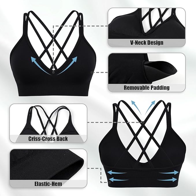Sports Bra for Women V-Neck Strappy Criss Cross Yoga Bra Padded Medium Support Workout Gym Athletic Fitness Bras 3 Pack