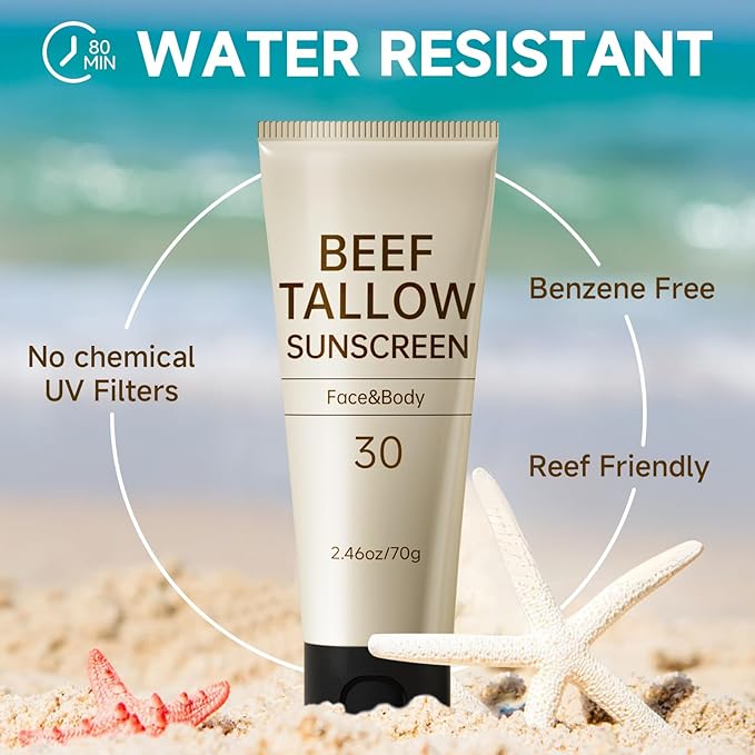 Tallow Sunscreen, Sunscreen for Face, SPF30 Natural Reef Safe Face Body Beef Tallow Sunblock, Non Greasy Clean Travel Sun Screen Sunblock for Outdoor Travel, 4.92 OZ,2 Pack