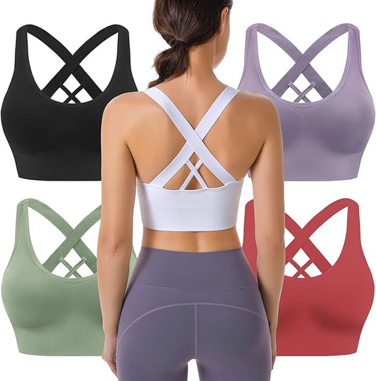 Evercute Sports Bra for Women Padded Medium Support Criss Cross Strappy Bras Seamless High Impact Yoga Exercise Athletic Bras