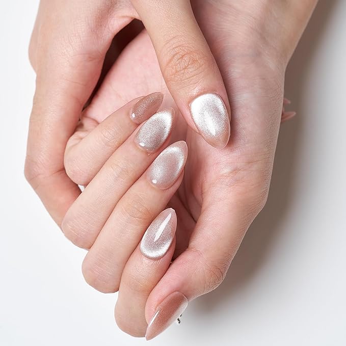 GLAMERMAID Nude Pink Magnet Cat Eyes Press on Nails Short Almond, Handmade Jelly Gel Fake Nail Kit, Aurora Ombre Glitter Magnetic Glue on Nail Stiletto, Pure Medium Oval Stick on False Nail for Women