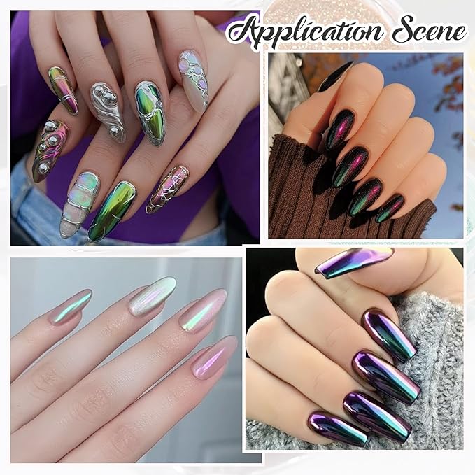 6 Color Chrome Nail Powder Set Bright Iridescent Aurua Nail Glitter Dust Sequins Holographic Metallic Mirror Effect Pigment for Nail Gel Home Manicure Salon Use