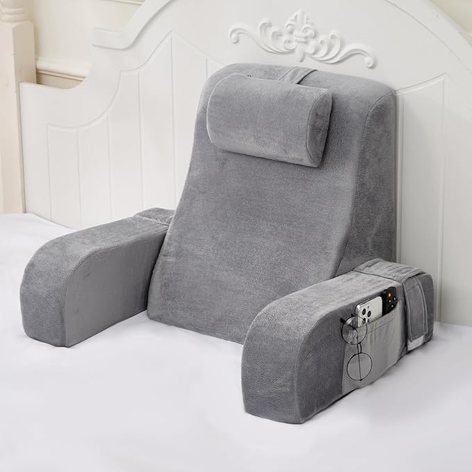 Reading Pillow for Sitting in Bed Adult, Back Pillow for Sitting Up in Bed with Arm Rest, Suitable for Gaming,Watching TV on Floor, 19in 4Pcs, Grey