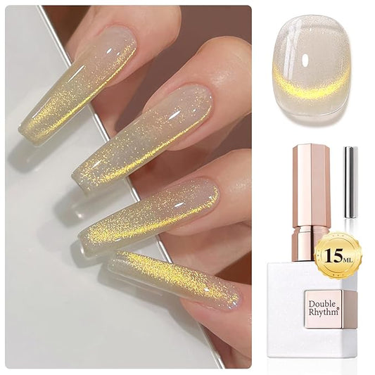 Double Rhythm Jelly Glass Cat Eye Gel Polish with Magnet 15ML Holographic Glitter Shimmer Translucent Sheer Color Magnetic Nail Polish Salon DIY at Home (MC1106)