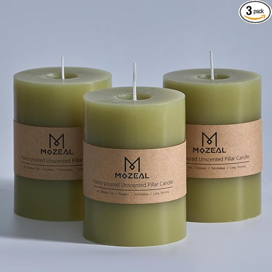 MOZEAL 3" x 4" Hand-Poured Unscented Olive Green Candle, Dripless Moss Green Pillar Candle Set of 3, Long Clean Burning, Approx 72 Hours Burn Time, Rustic Country Style, Home Decor