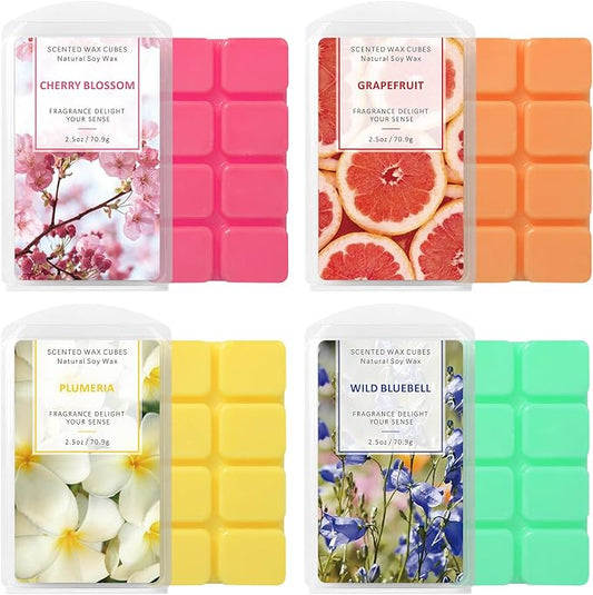 STRN Wax Melts Soy Long Lasting Scented Cubes 4 Pack for Warmer, Scented Wax Cubes for Making Candle, Grapefruit, Cherry Blossoms, Wild Bluebell, Plumeria (4x2.5 oz)