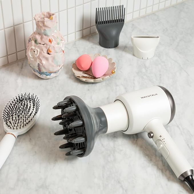 Wavytalk Hair Dryer, Blown Away Ionic Hair Dryer for Curly Hair with Diffuser, 1875W Fast Drying Blow Dryer with Ceramic Technology, 3 Attachments for All Hair Types, Light and Quiet, White