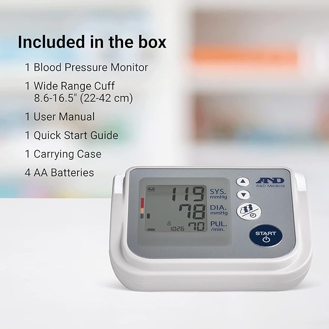 A&D Medical Blood Pressure Monitor for Home Use, UA-767F, Wide-Range Cuff (8.6-16.5"/22-42cm), 4 User, Easy to Use, Body Movement & Cuff Fit Detection Error, Batteries, Carrying Case