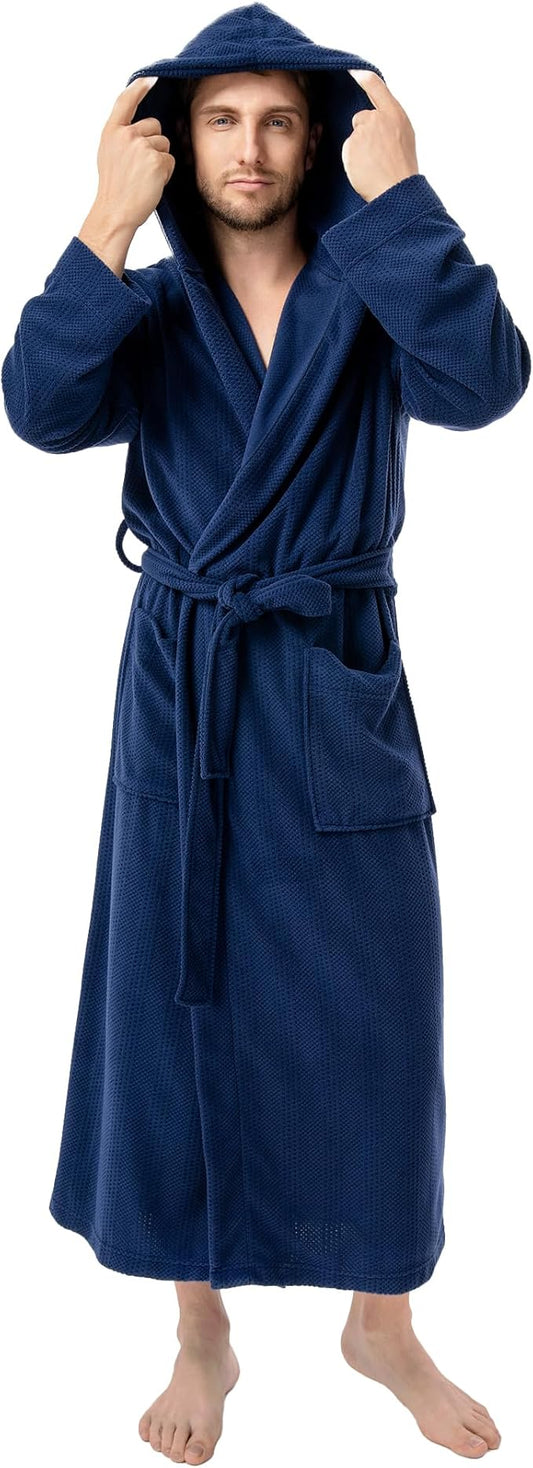 DAVID ARCHY Men's Robe Long Sleeve Lightweight Knit Bathrobe,Comfort Knee Length Hood Sleepwear