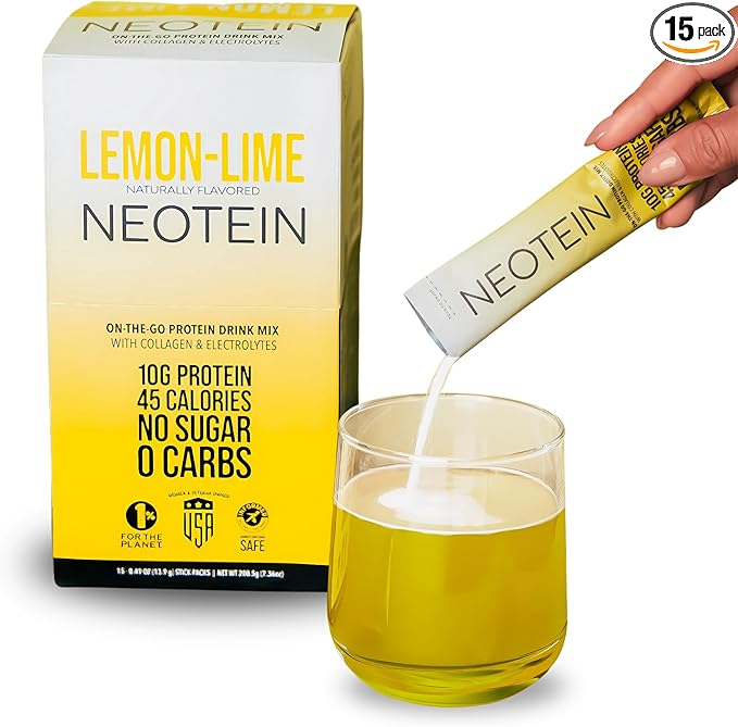 NEOTEIN: Electrolyte Powder Packets, Protein Powder with 10g Protein & Collagen | Hydration Packets - Zero Sugar, NO Fillers, NO Carbs | Lemon Lime | 45 Calories | Keto & Paleo | Pack of 15
