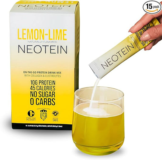 NEOTEIN: Electrolyte Powder Packets, Protein Powder with 10g Protein & Collagen | Hydration Packets - Zero Sugar, NO Fillers, NO Carbs | Lemon Lime | 45 Calories | Keto & Paleo | Pack of 15