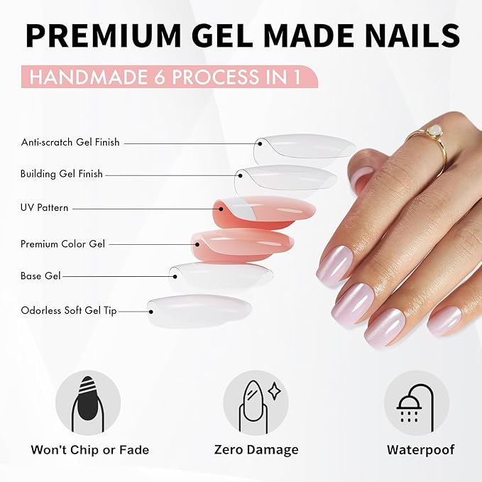 Pink Cat Eye Press on Nails Square - Soft Gel Press on Nails Short for Women Gift, Fit Perfectly & Natural Stick on Nails with Glue in 16 Sizes - 32 Reusable Fake Nails, Light Pink