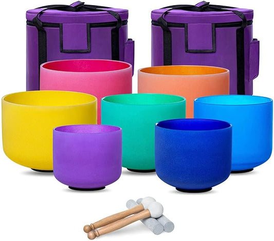 6-12inch Color 432hz Quartz Crystal Singing Bowls Set of 7, for Healing Mindfulness Meditation Yoga Sound Baths with Case Mallet Suede Striker
