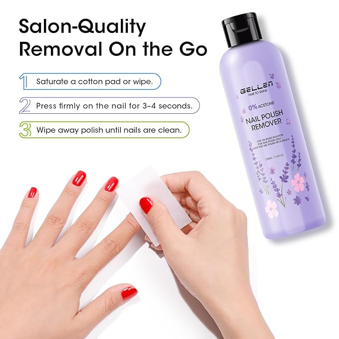 Gellen Nail Polish Remover Set Lavender Scent – Formula with Aloe & Vitamin E, Includes Precision Corrector Pen & 3 Replacement Tips, Acetone-Free & Non-Drying for Regular Nail Polishes